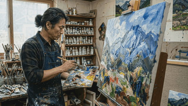Painter painting landscape in studio