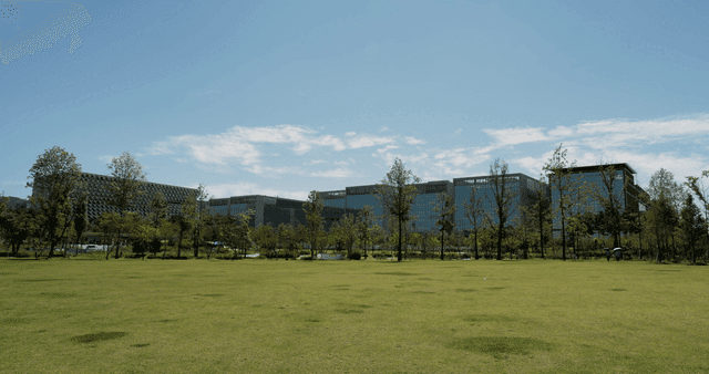 현대적인 건물들 앞 푸른 잔디밭