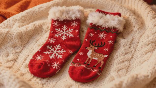 따뜻한 니트 담요 위의 빨간 크리스마스 양말
