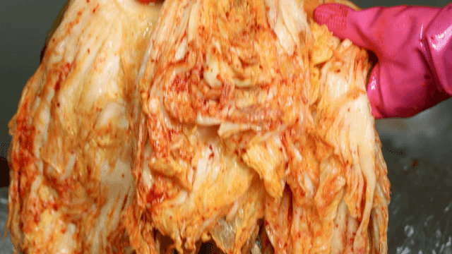 Seasoned kimchi being lifted