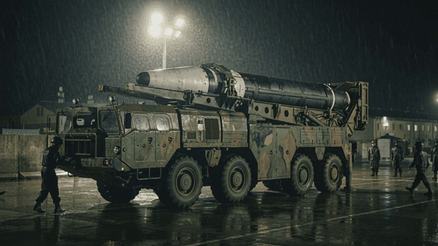 Military missile launcher truck on rainy night