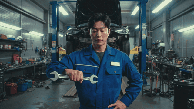 Mechanic holding a wrench in a garage