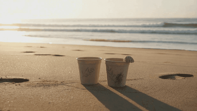 해변의 두 개의 컵