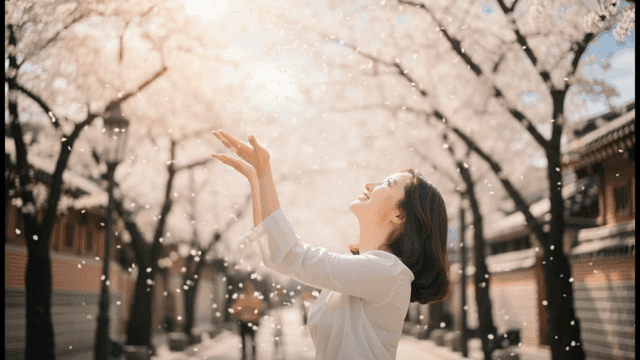 Woman smiling happily while throwing cherry blossoms in spring