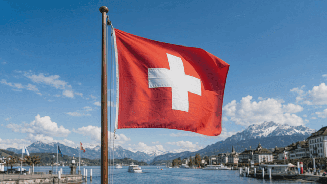 Swiss flag waving by a scenic lake