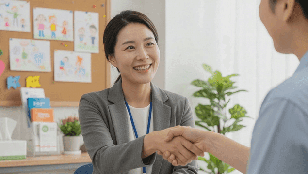 아동 상담가와 악수하는 학부모 엄마