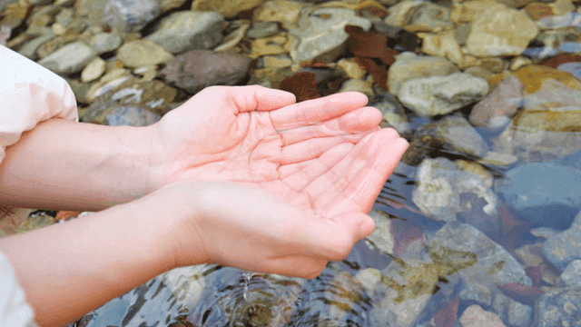 Sight of scooping up clear river water with one's hands