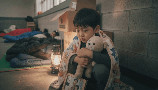 대피소에서 곰인형을 안고 있는 아이
