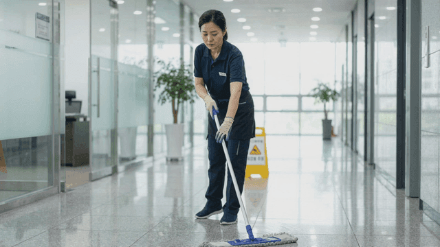 Woman cleaning office hallway