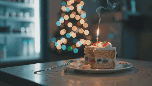 크리스마스 트리 옆 케이크와 촛불