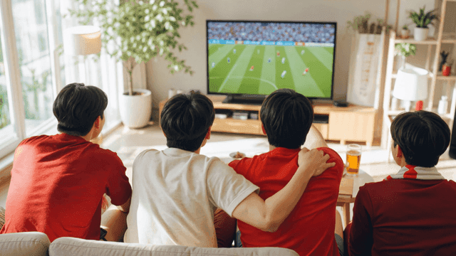 Backs of friends watching soccer match at home