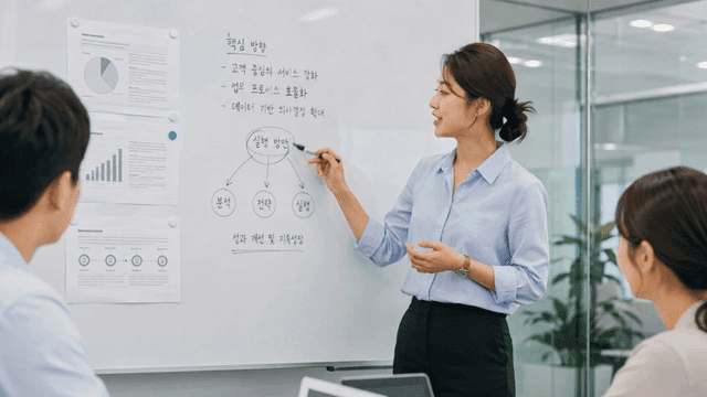 Office worker presenting corporate action plans in front of whiteboard