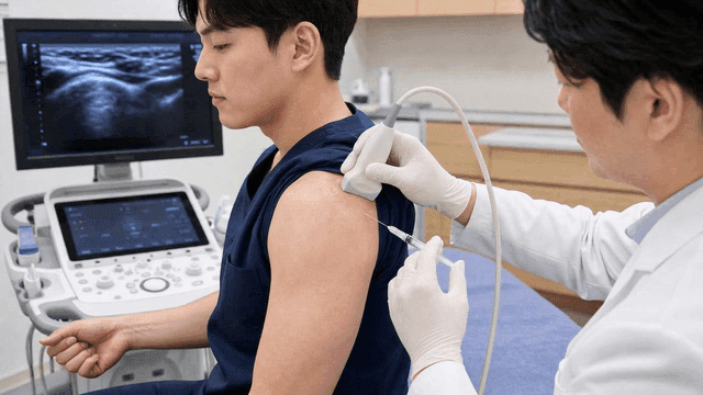 Patient receiving injection in shoulder from doctor at hospital