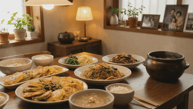 Table filled with variety of Korean holiday dishes