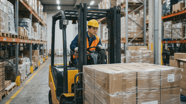 Warehouse worker operating a forklift