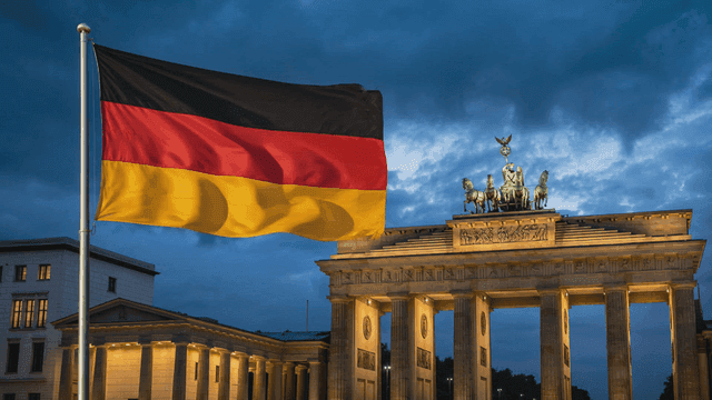 German flag waving near a historic gate