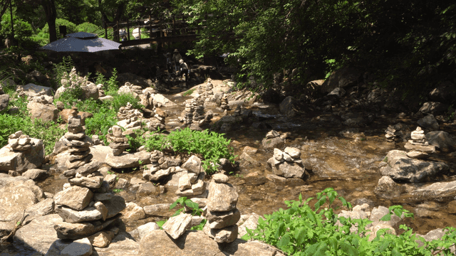 햇살이 비치는 바위가 많은 계곡