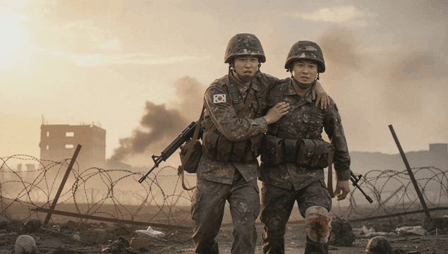 전쟁터에서 서로 돕는 군인들