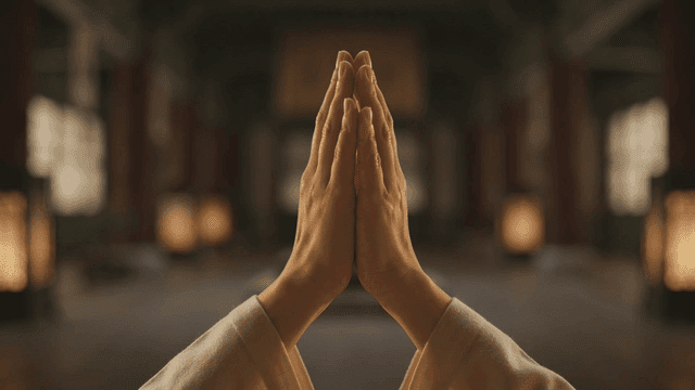 Hands clasped in prayer inside a temple