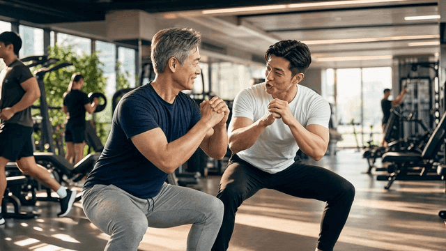 Trainer teaching elderly man squat posture at gym