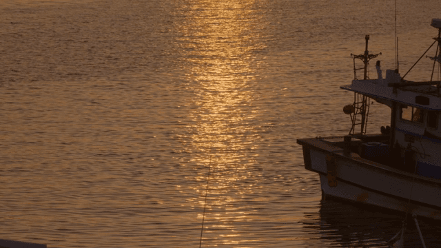 Fishing boat on a calm sea at sunset