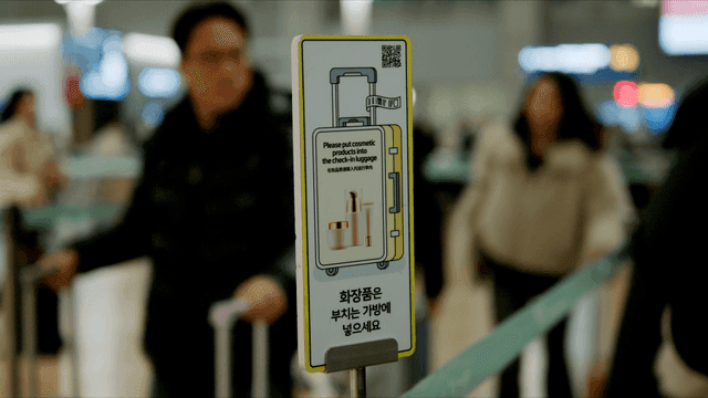 Airport security lines and baggage information signs