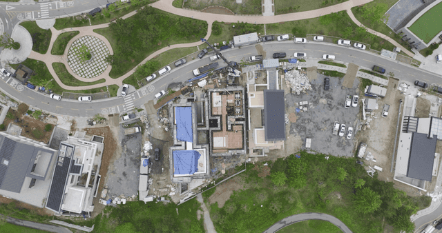 Construction site with buildings and equipment
