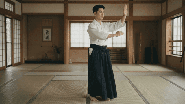 Man practicing Aikido at traditional dojo