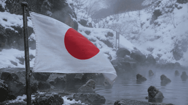 Japanese macaques in a snowy hot spring