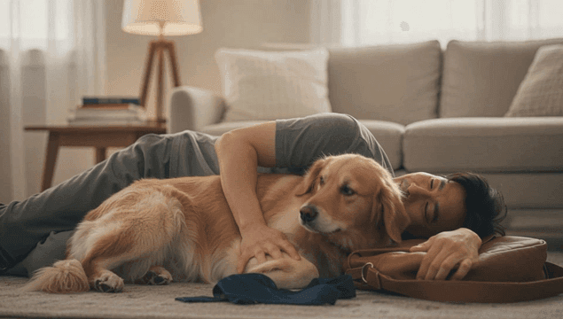 Man relaxing with dog in living room