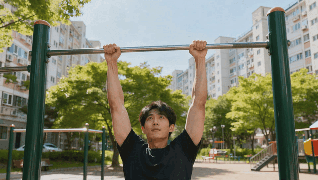 아파트 공원에서 턱걸이하는 젊은 남성