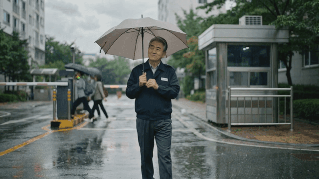Apartment security guard walking with umbrella on rainy day