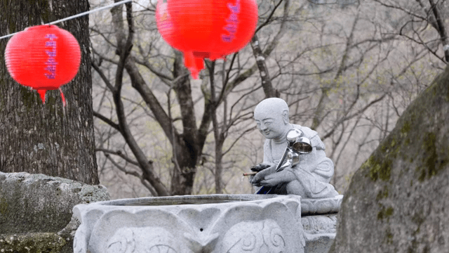 숲 속의 붉은 등불과 불상
