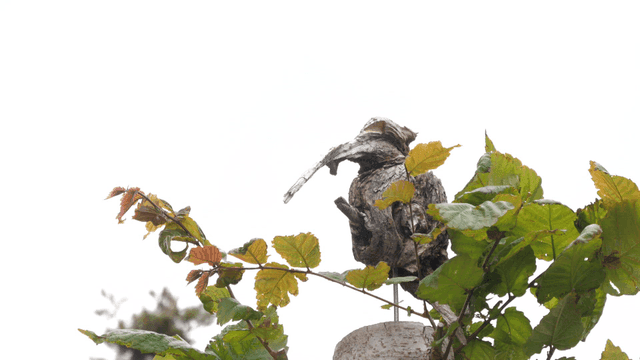 녹색 잎 사이의 나무 조각상