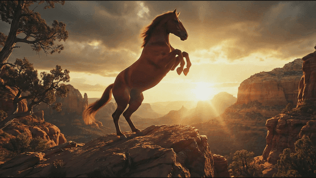 Horse standing on rocky cliff at sunrise