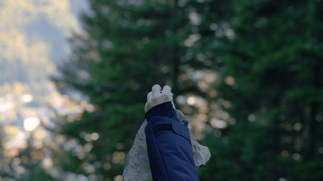 Man stacking stones in forest