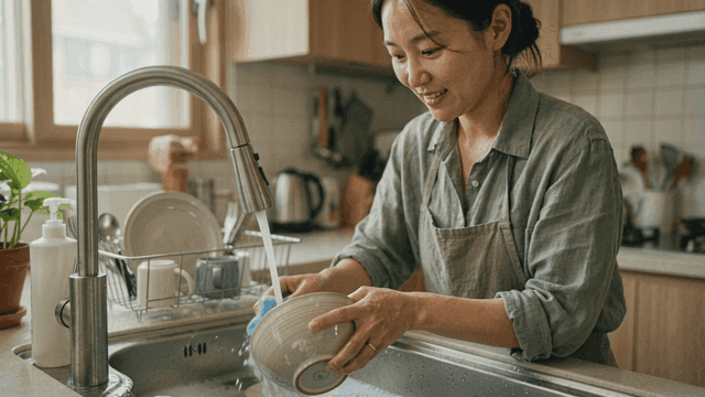 Woman washing dishes