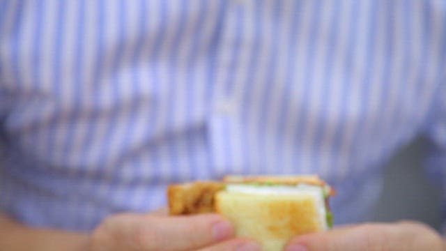 돈가스 샌드위치를 들고 있는 사람