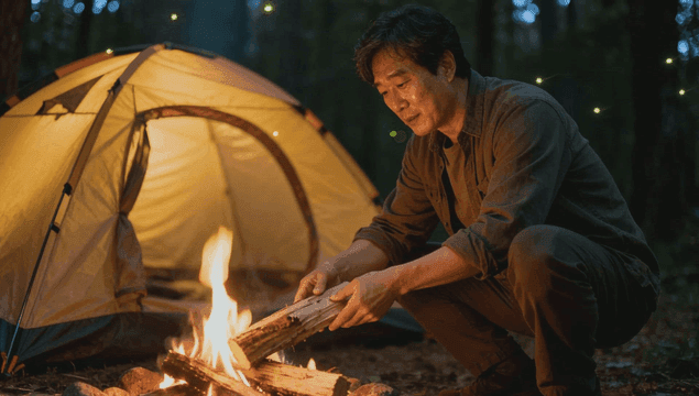 텐트 옆에서 캠프파이어를 돌보는 중년 남자