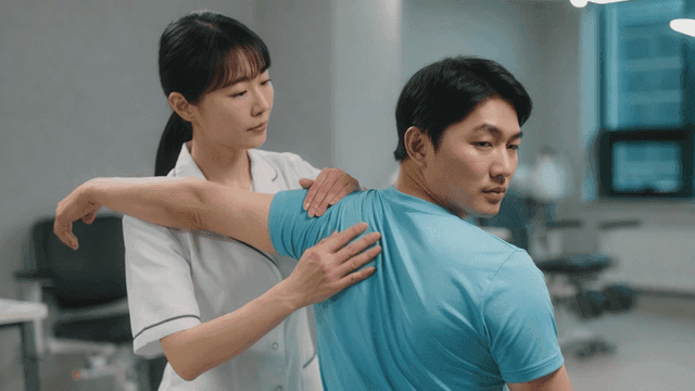 Physical therapist touching patient's shoulder