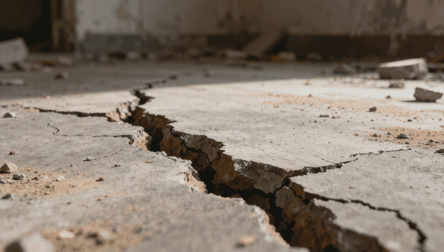먼지가 날리는 균열된 콘크리트 바닥
