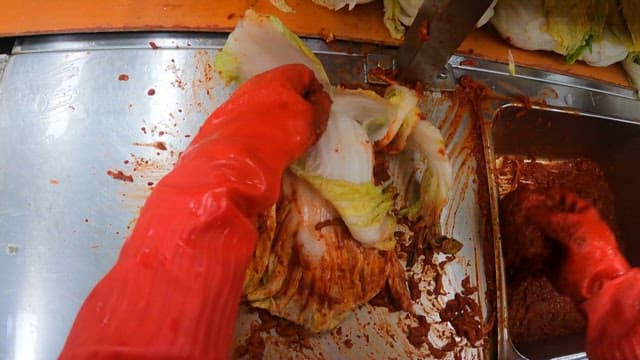 식품 공장에서 배추로 김치를 만드는 작업자