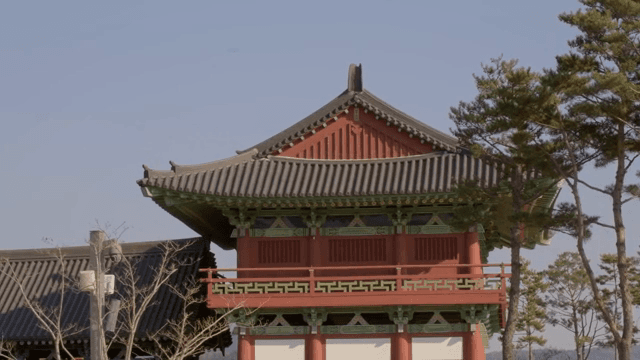Traditional Korean building with trees