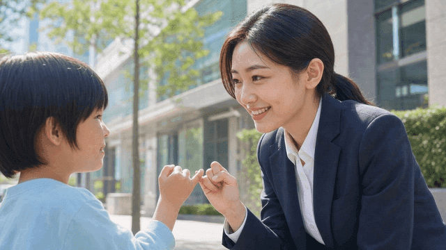 A woman and child making a pinky promise