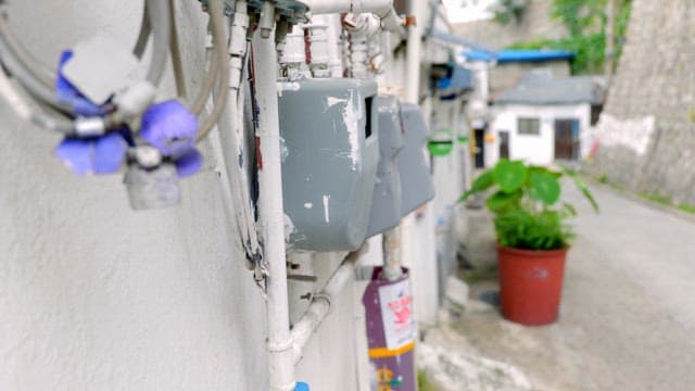 Narrow alley with utility meters and plants