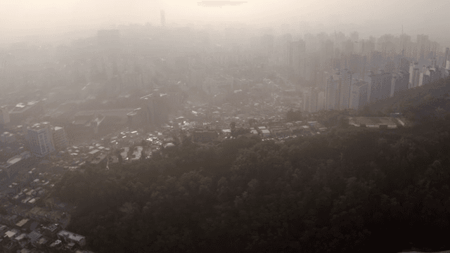 고층 건물이 있는 안개 낀 도시 전경