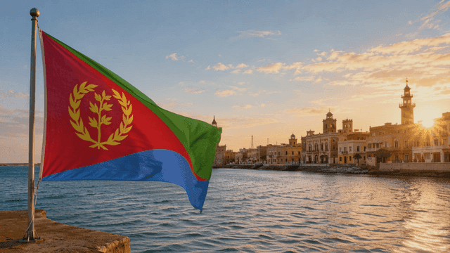 Eritrean flag fluttering by water at sunset