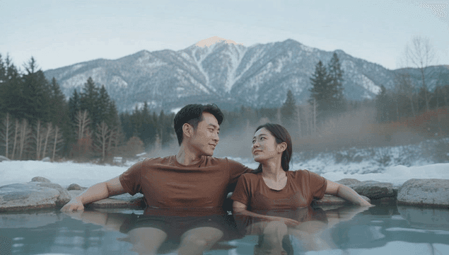 눈 덮인 산을 배경으로 온천에서 휴식을 취하는 커플