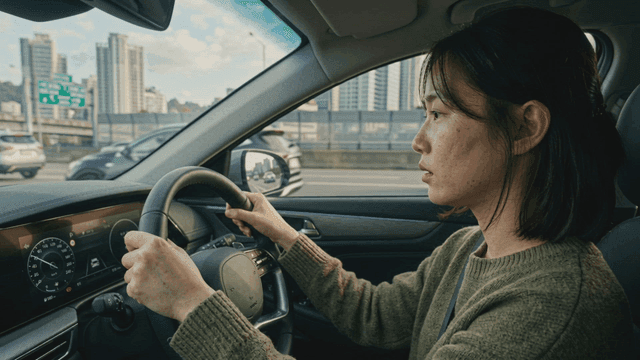 Woman driving on city road