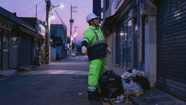 조용한 새벽 길거리에서 허리 스트레칭하는 환경미화원